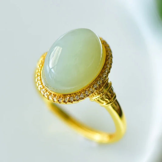 Natural Hetian White Jade S925 Silver Qiemo Blue Series 14*17mm Cabochon Ring Simple Elegant Fine Texture
