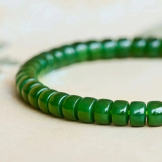 (Energy Collection) Luxury High-Vibration Silver Hetian Green Jade Beaded Bracelet with Noble Natural Stone