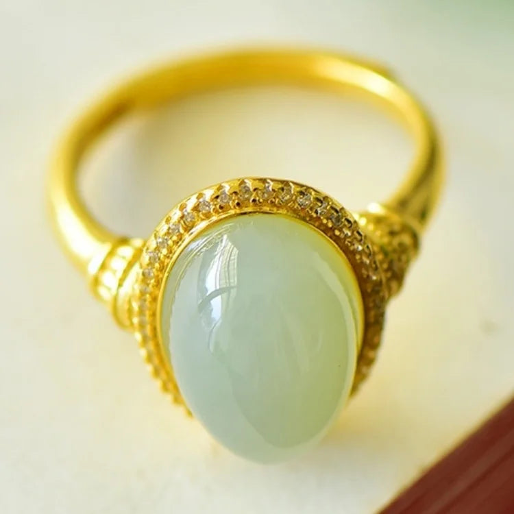 Natural Hetian White Jade S925 Silver Qiemo Blue Series 14*17mm Cabochon Ring Simple Elegant Fine Texture