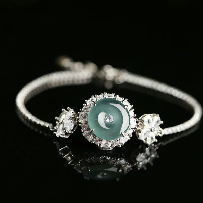 Femme Classic 925 Silver Jadeite Chain & Link Bracelet with Natural Ice-Type Jade Made in China
