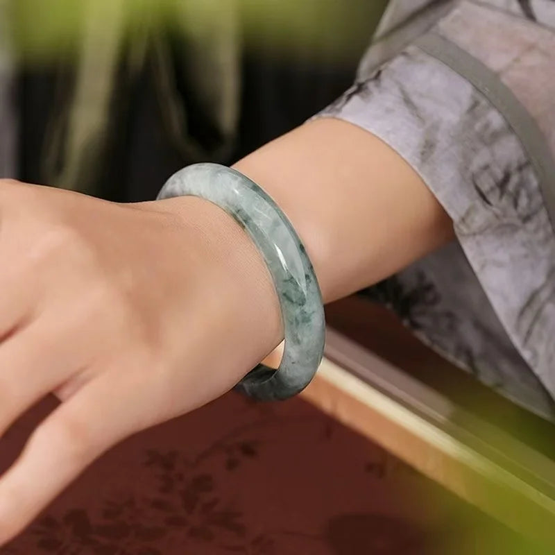 (Energy Collection) High Quality Custom Energy Infusion Fine Silver Luxury Bangle Authentic Natural Ice Jade Healing Jewelry for Women
