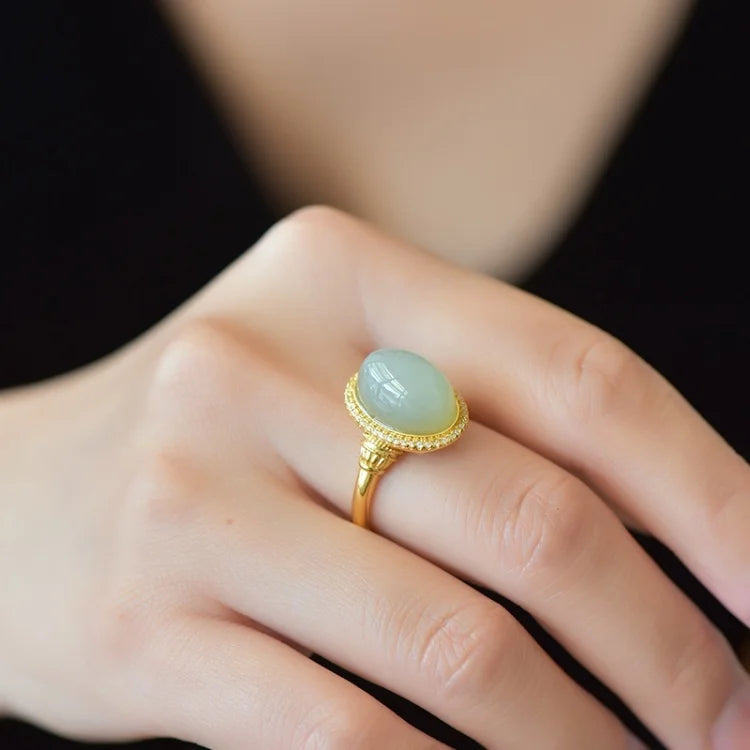 Natural Hetian White Jade S925 Silver Qiemo Blue Series 14*17mm Cabochon Ring Simple Elegant Fine Texture