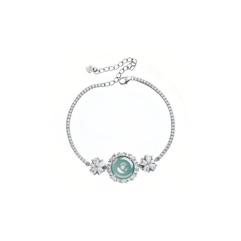 Femme Classic 925 Silver Jadeite Chain & Link Bracelet with Natural Ice-Type Jade Made in China