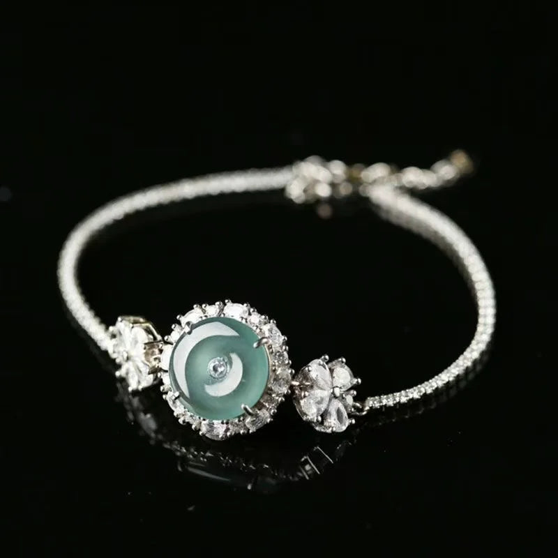 Femme Classic 925 Silver Jadeite Chain & Link Bracelet with Natural Ice-Type Jade Made in China