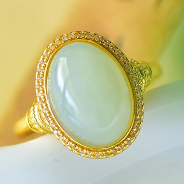 Natural Hetian White Jade S925 Silver Qiemo Blue Series 14*17mm Cabochon Ring Simple Elegant Fine Texture