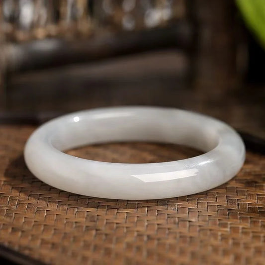 (Energy Collection) Luxury Fine Silver Bangle Bracelet with Top-Tier Hetian Jade Blessed & Energized Jewelry