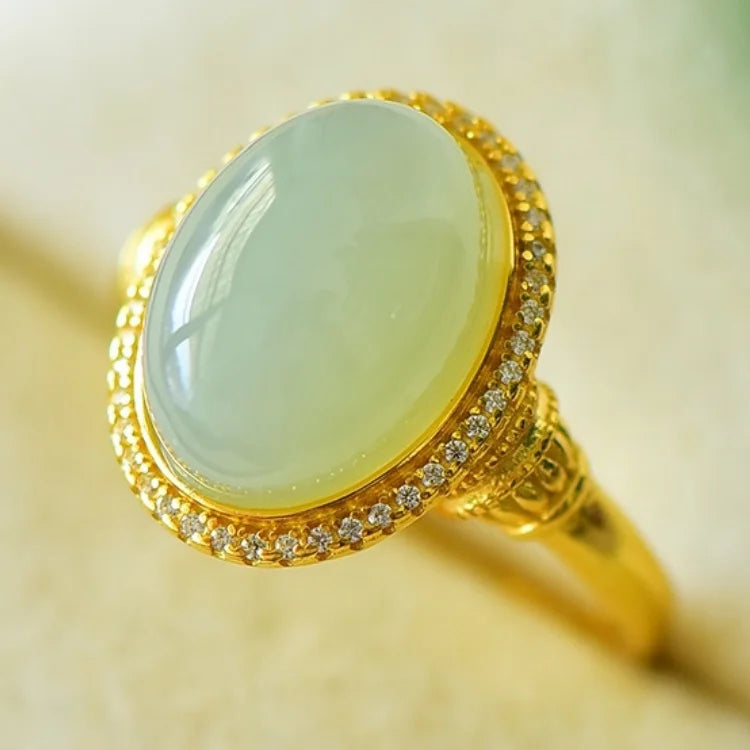 Natural Hetian White Jade S925 Silver Qiemo Blue Series 14*17mm Cabochon Ring Simple Elegant Fine Texture