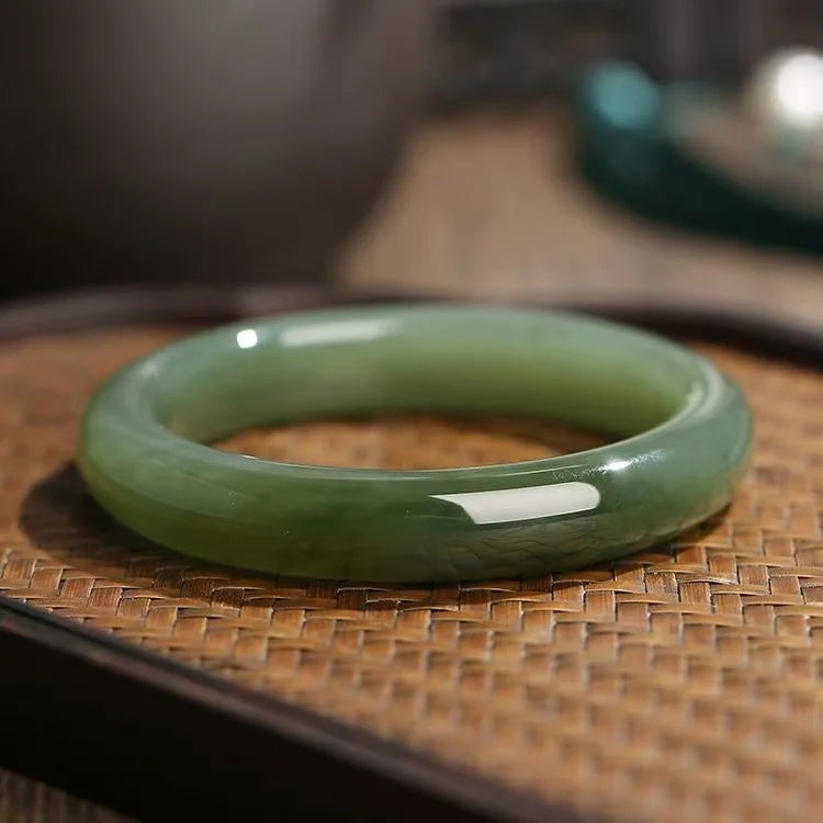 (Energy Collection) Luxury Fine Silver Bangle Bracelet with Top-Tier Hetian Jade Blessed & Energized Jewelry