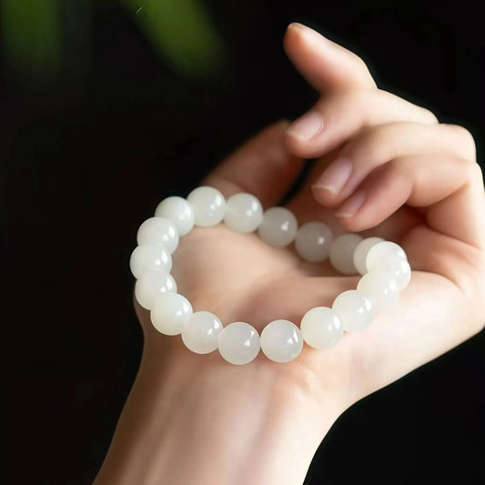 (Energy Collection) Luxury Sterling Silver Beaded Bracelet with Suet White Hetian Jade for Energy Healing