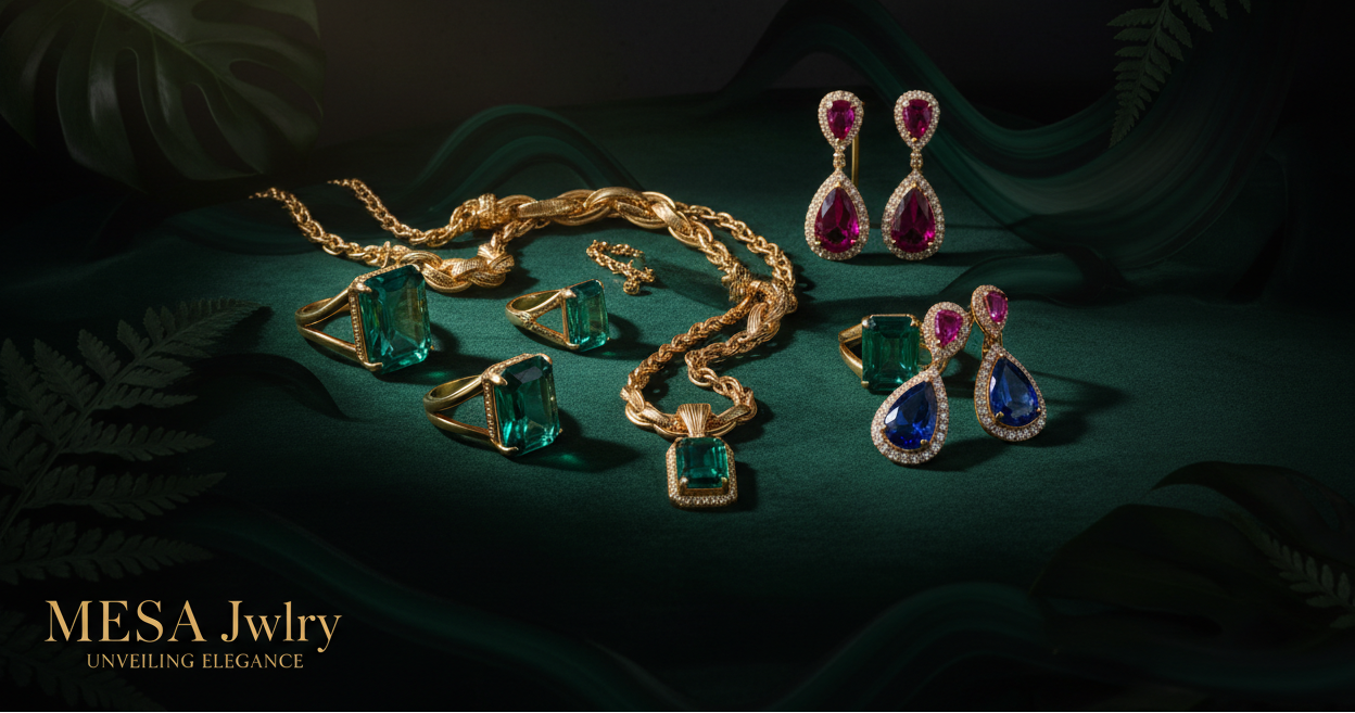 Jewelry set with gold necklace, rings, and earrings on a dark green fabric background.